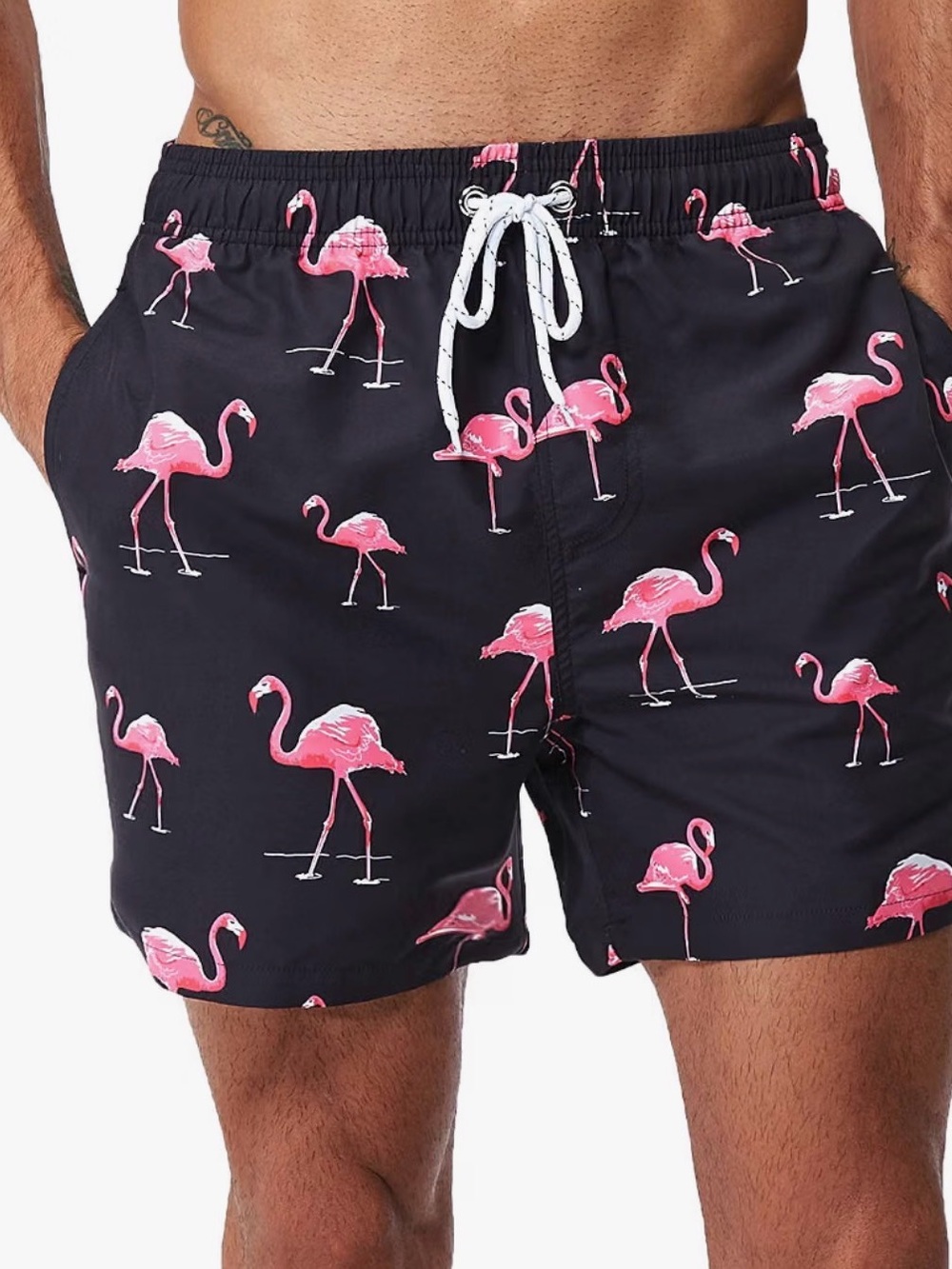 Men’s Black Quick-Dry Swim Trunks flamingo pattern